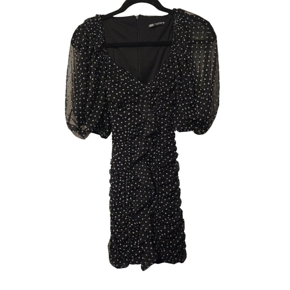 Zara sz XS Mini Dress Black Polka Dot Sheer Puff Sleeve Ruched Ruffle